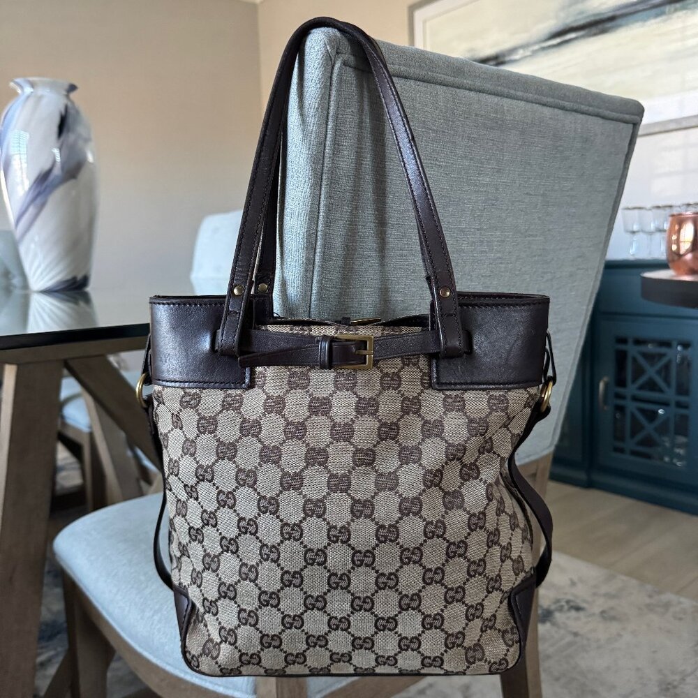 Gucci GG CANVAS Vintage Buckle Tote Brown Small
